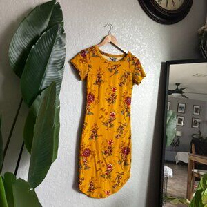 Yellow Floral Bodycon Midi Dress | Shorts Sleeve Womens Dress | Size S